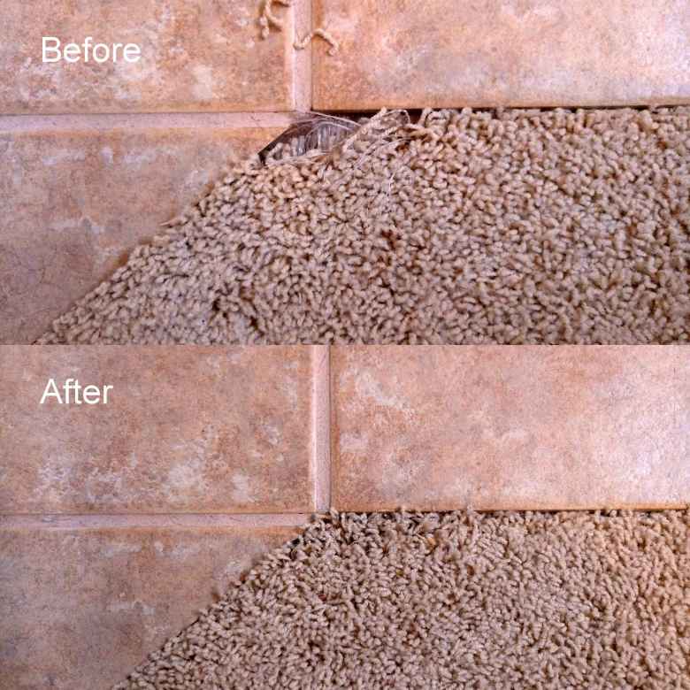 Repairing the carpet in a bathroom.