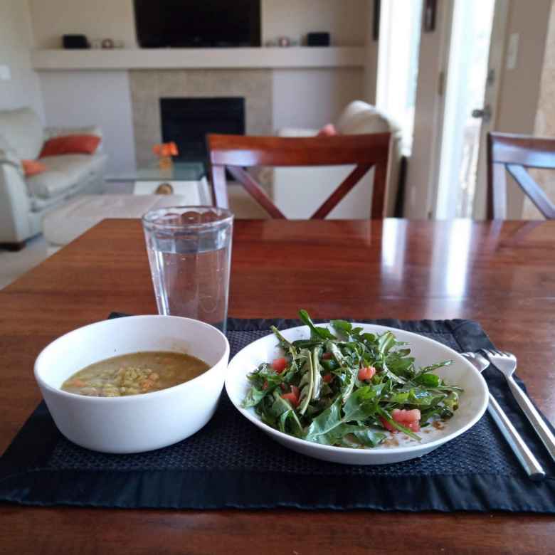 Lenil soup and dandelion salad.