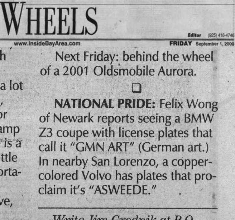 Lina's "GMN ART" license plates got a mention in the Argus newspaper.
