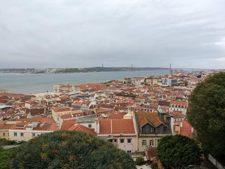 The view of Lisbon and the 25 de Abril bridge, which looks like the Golden Gate Bridge, from the St. George Castle.