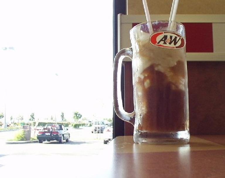 Nolstagia, good food and fun: having an ice cream float at A&W Root Beer the night before the century with the view of my Alfa Romeo and recumbent out the window.  A&W was founded in Lodi.