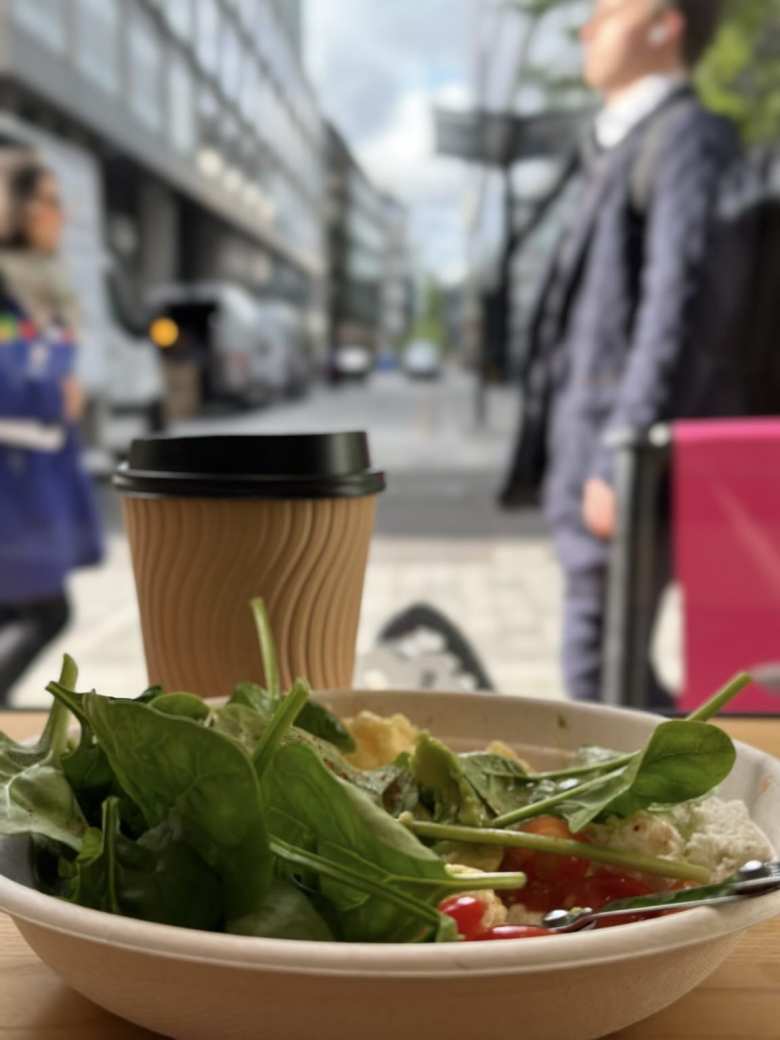 A salad and coffee at the Tossed eatery in London.