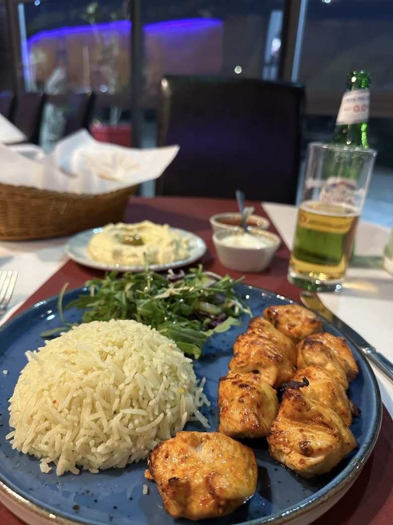 The chicken shish kebab plate came with chicken, rice, salad, hummus, pita bread and pita bread at the Galata Pera Turkish restaurant in Brentford.