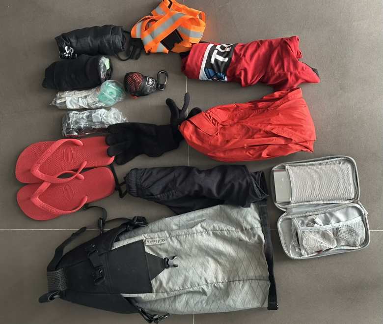 The gear I carried inside an Oveja Negra bag for London-Edinburgh-London. I'd swap out the knit gloves for waterproof thermal gloves, and add a merino wool cycling cap and waterproof booties that I purchased in Chelmsford the day before LEL.