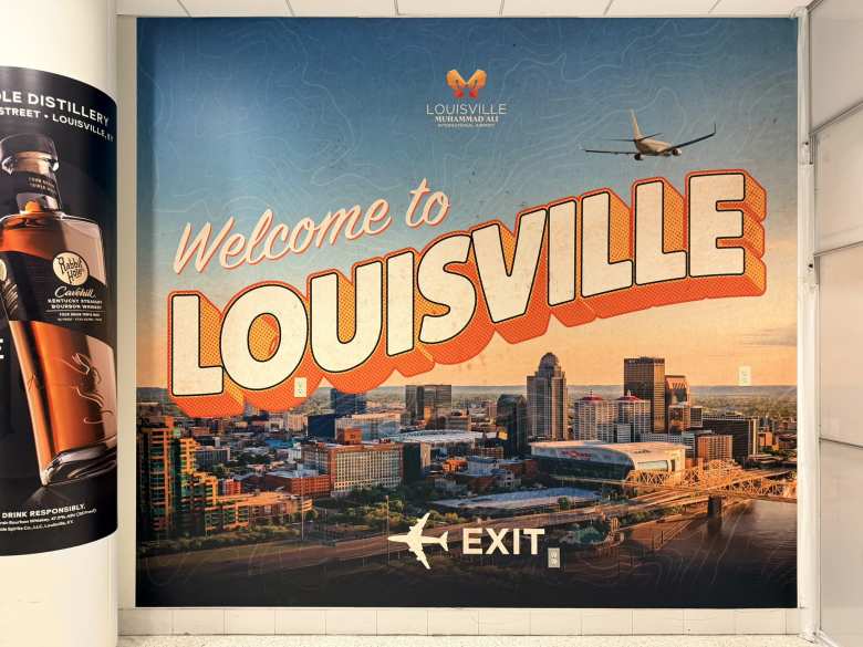 The welcome sign at the Louisville Muhammad Ali International Airport. The famous boxer was born in this city.