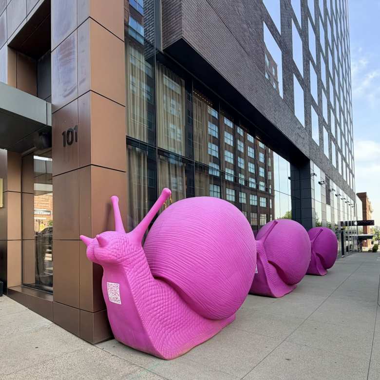 These pink snails are part of an art installation in Louisville to support the Norton Cancer Institute Breast Health Program.