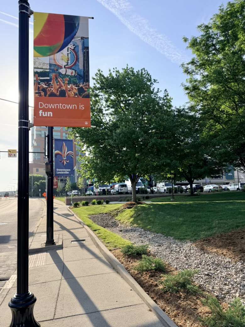 Signs like these highlighted efforts to instill good vibes in downtown Louisville.