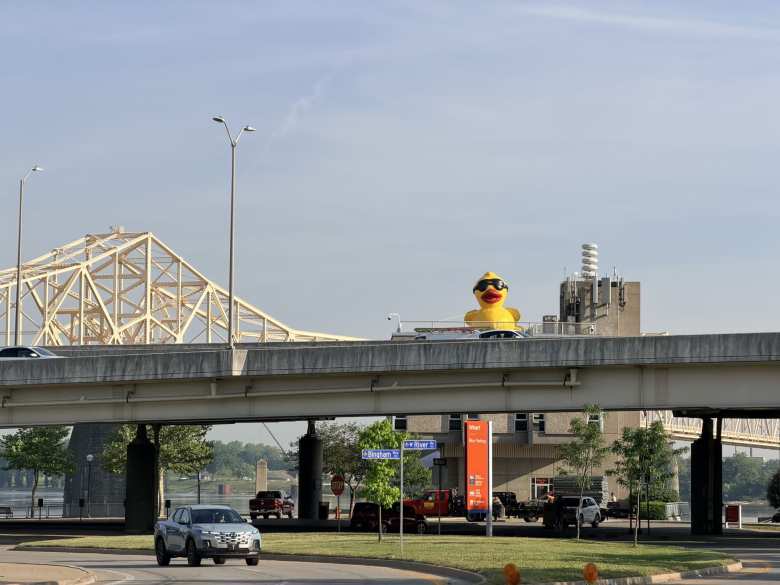 A yellow giant rubber ducky was perched next to the Interstate 64 in downtown Louisville.