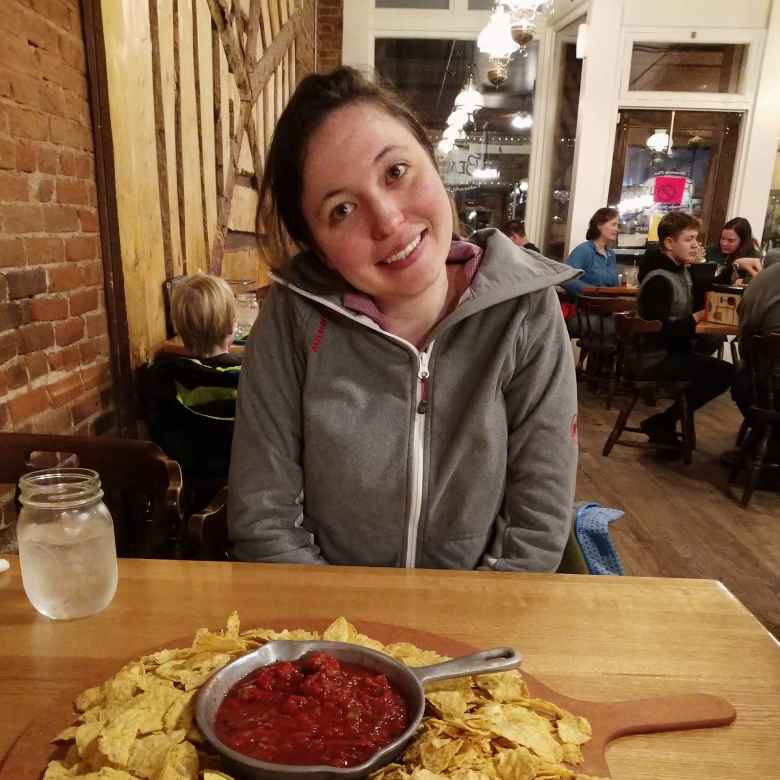 Maureen with chips and salsa at Beaujeau's in Idaho Springs.