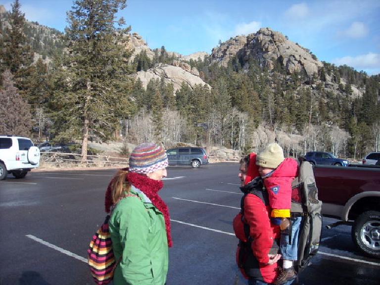 Tori, Dana and Alistair in one of the main parking lots for Lumpy Ridge.