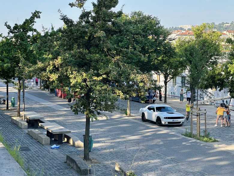 A white Dodge Challenger in Lyon, France