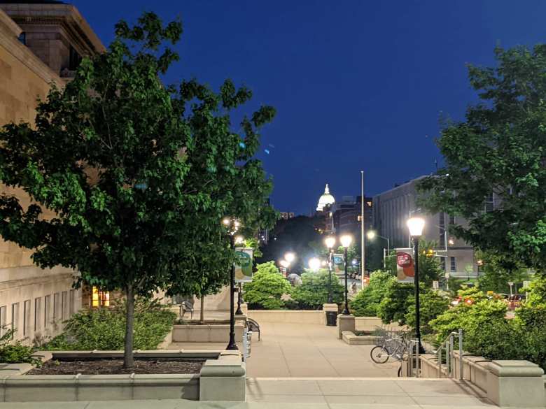 The view towards the state capitol from the Alumni Park at the University of Wisconsin in Madison.