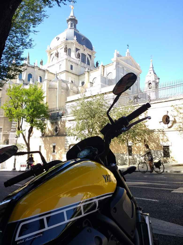 Yamaha XSR 700 60th Anniversary in front of Catedral de la Almudrena in Madrid, Spain.