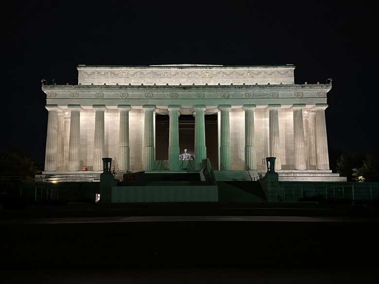 The Lincoln Memorial lit up at night before the Marine Corps Marathon.