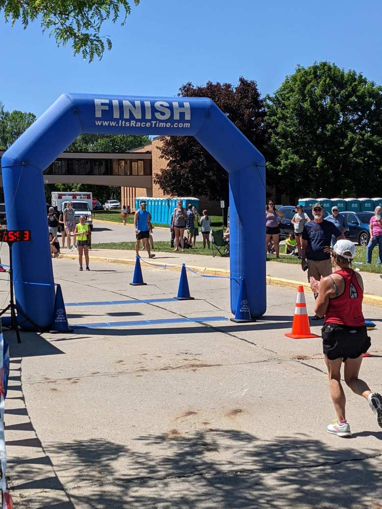 Mel Sirois running towards the finish of the Maritime Marathon.