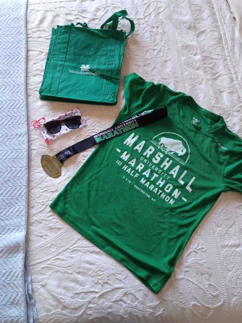 Some of the the schwag received from the 2019 Marshall University Marathon.