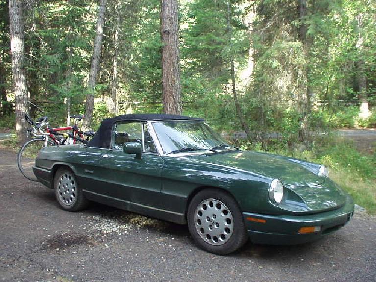 My poor Alfa after doing 2 miles of off-roading to get to Last Chance Campground in McCall... note how dirty she was.  Tough little car.