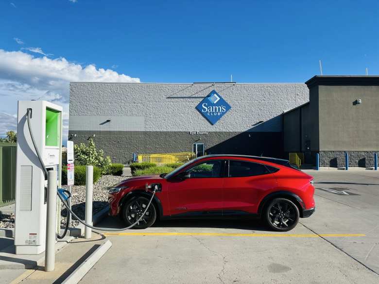 Charging Meter Mackenzie the Mustang Mach-E at an Electrify America by Sam's Club in Grand Junction, Colorado.