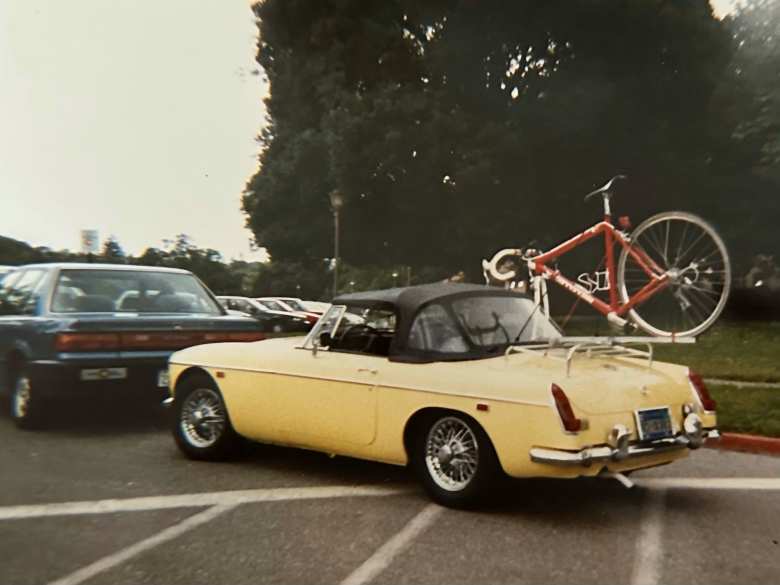 Canny--my red Cannondale mounted on the bike rack I designed and manufactured for ME103 at Stanford--and Goldie (the MGB) were all set to go to Davis, California, for my first double century ride ever.