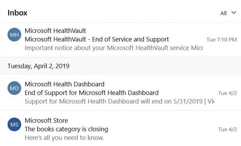 Email messages from Microsoft regarding their April 2019 closures of Microsoft Books, Microsoft Health, and Microsoft Healthvault.