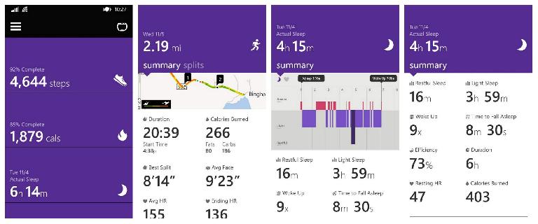 A few of the metrics available in the Microsoft Health app include steps, run tracking (with GPS map), and sleep tracking.