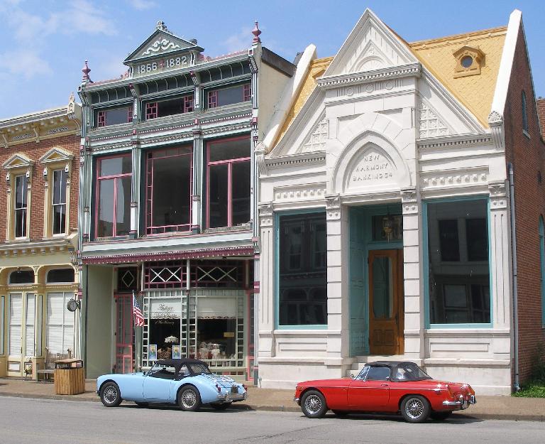 Mike Jacobsen's light blue MGA and Jennifer Orum's red 1970 MGB in downtown New Harmony, Indiana. Photo: Mike Jacobsen. (June 19, 2016) Mike Jacobsen's light blue MGA and Jennifer Orum's red 1970 MGB in downtown New Harmony, Indiana. Photo: Mike Jacobsen. (June 19, 2016)