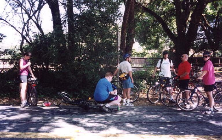 Regrouping before the major climb of the day: Old La Honda Rd.  Here's Lisa, Bruce, Loren, Acorn, Mike, and Suzie.  Gina and Tyler would soon join us on the climb.