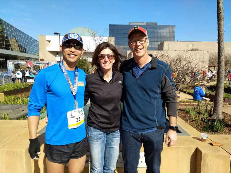 Felix Wong with Ashley and Darrin, two other people from Fort Collins who introduced themselves after recognizing Felix's Blue Sky Trauk Marathon shirt!