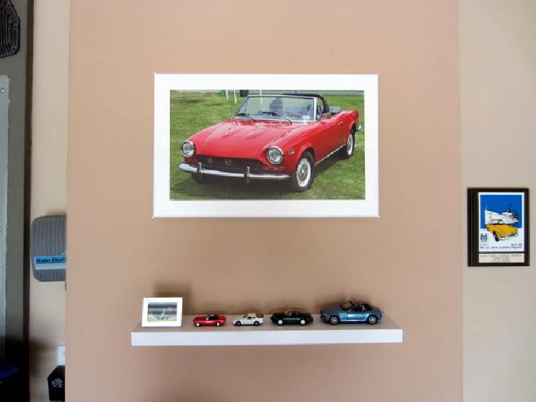 The model cars with the Fiat Spider-on-canvas that Kelly gave me for my birthday.