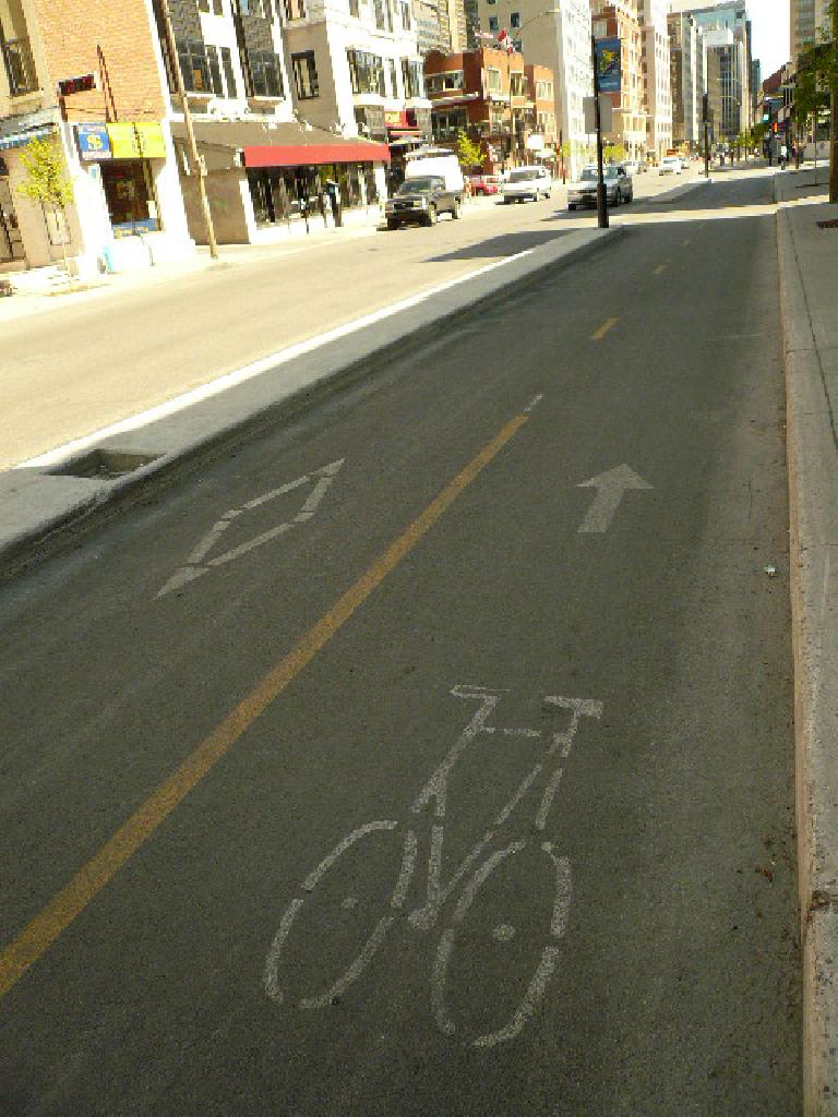 At least there are some dedicated bike paths in Montreal like this one on Rue Maisonneuve near me.