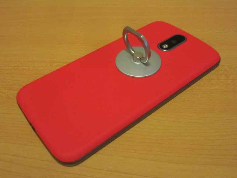 Moto G4, red back cover, silver ring stand