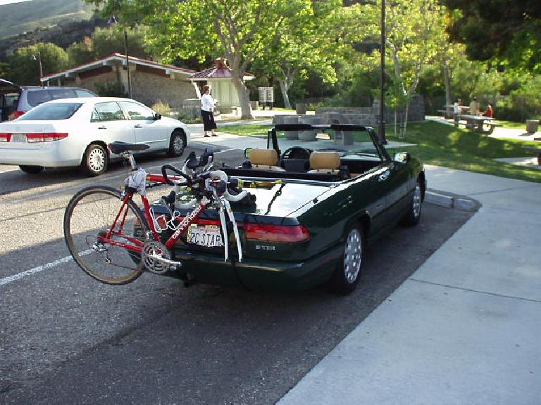 Another long road trip for the Alfa Romeo!  Here she is with my little race bike, taking a short break at a rest stop just north of Santa Barbara.