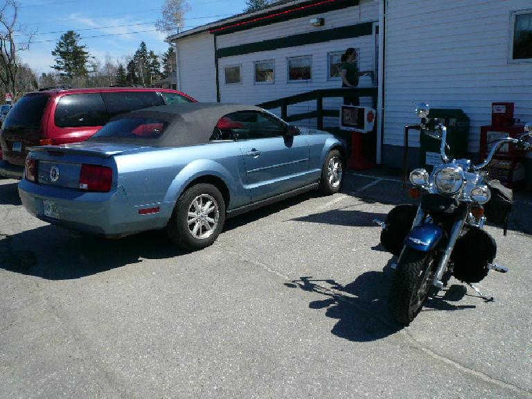 American iron: the 'Stang and a Harley at Moody's Restaurant in Waldoboro.
