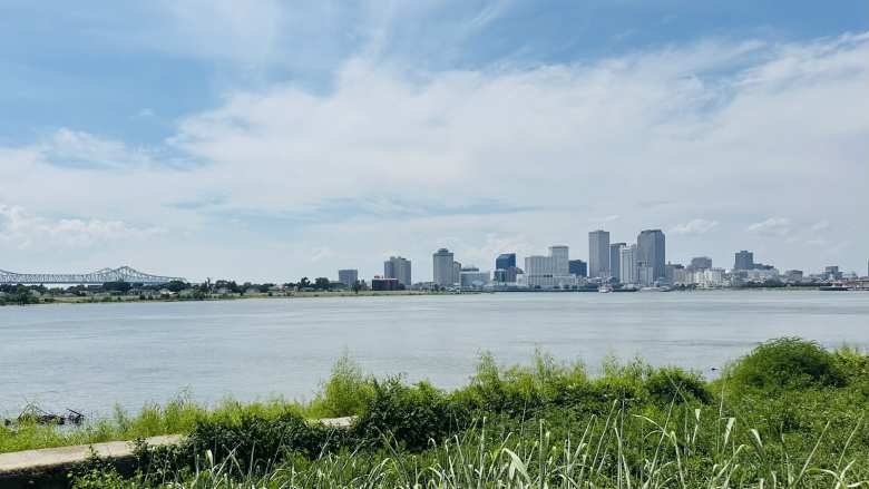 View of the Crescent City Connection bridge and the New Orleans skyline, from Crescent Park.