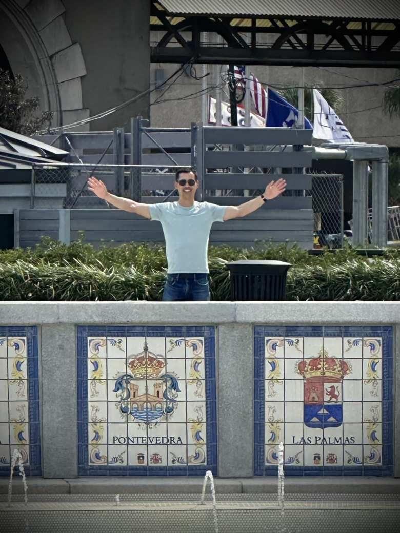 Felix at the Spanish Plaza in New Orleans behind tile work for Pontevedra.