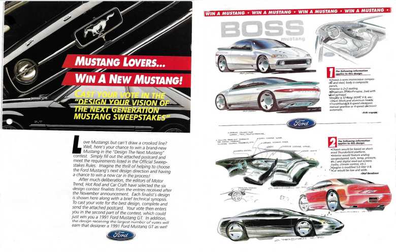 The first two pages of the Next Generation Mustang Sweepstakes published in Petersen Publishing magazines in October 1990.