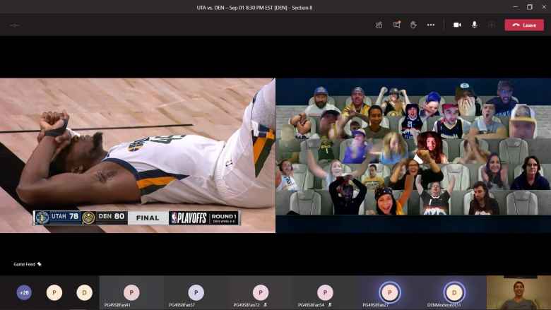 A Utah Jazz player lying on the floor in dismay at the end of the Utah vs. Denver Game 7 of the 2020 NBA playoffs. Shown are some virtual fans via Microsoft Teams.