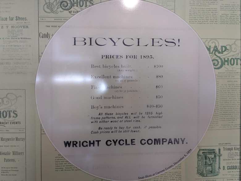 A bicycle price list in 1895 at the Wright Cycle Company.