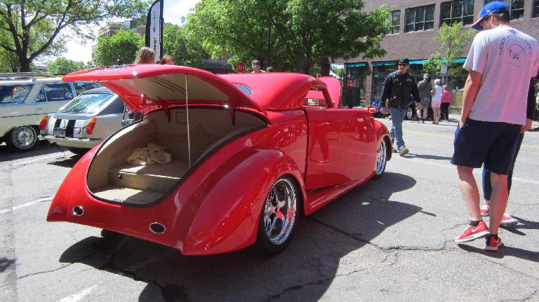 red chopped hot rod coupe with suicide doors