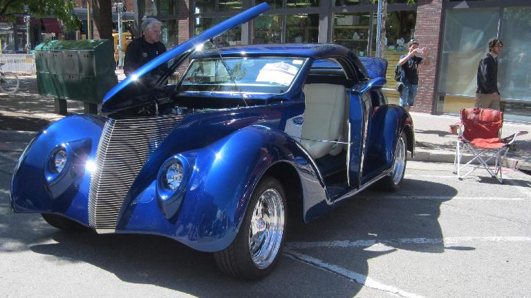 blue chopped hot rod coupe with suicide doors