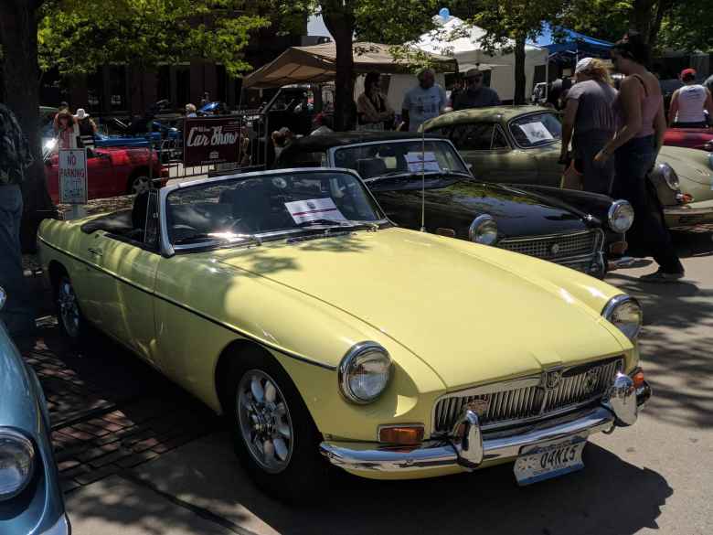 This pale primrose yellow MGB looked just like my former MGB. It was even a 1969! No wire wheels though (a good thing---less flats).