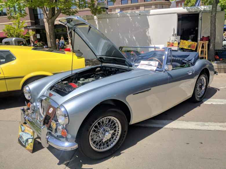 A two-tone silver/white Austin Healey 3000.