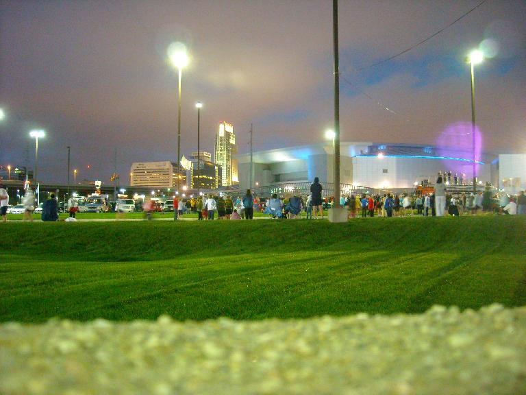 Runners gathering outside the Quest Center at the start of the Omaha Marathon.