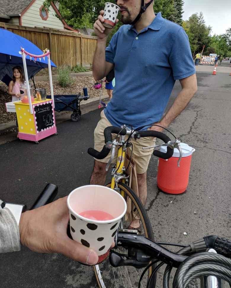 We bought some delicious pink lemonade for 50 cents each.