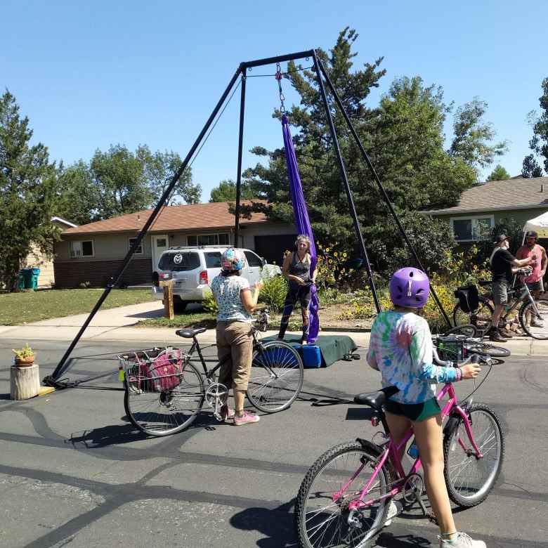 An aerial silk demonstration off Ponderosa Drive during Open Streets in Fort Collins.