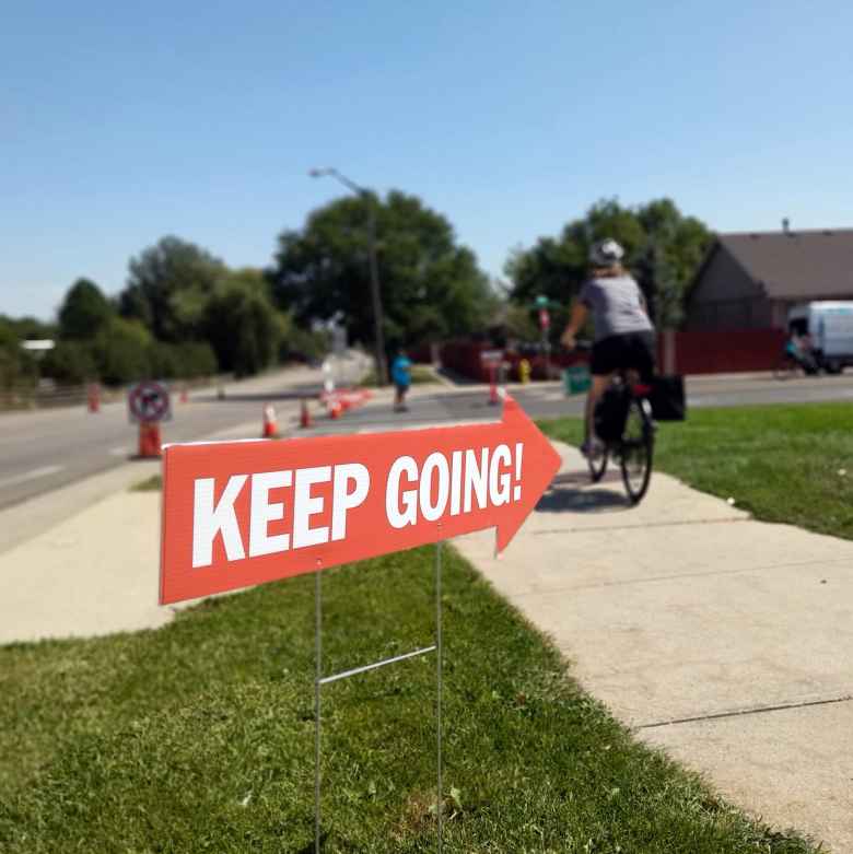 "Keep going!" direction arrow along the Open Streets route.