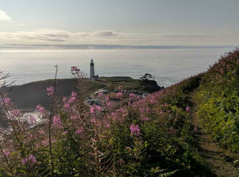 The view of Yaquina Head Lighthouse and the Pacific Ocean as seen from the Salal Hill Trail, which I did a 1-mile run on.