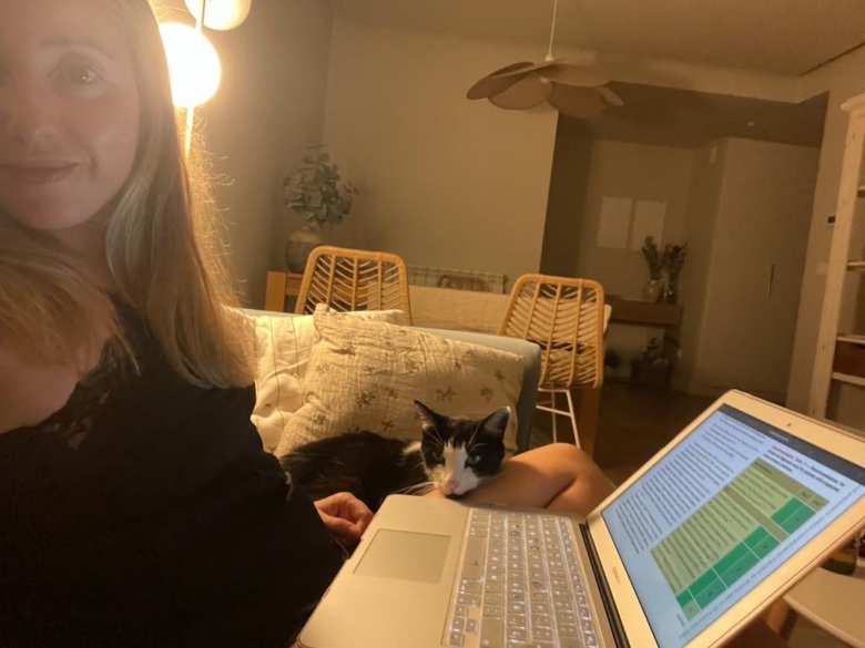 Oreo reading a medical article with Andrea. Oreo reading a medical article with Andrea.