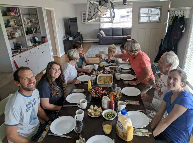 Alex, Maggie, Joan, Shelly, Soren, Anne, Bill, and Jill at breakfast in Seaside.