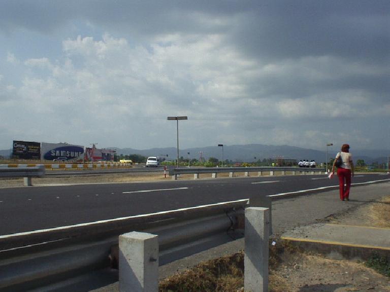 First item on the agenda was finding a bus to Panama City from Tocumen.  Turns out the bus stops were just off of the airport premises by this Samsung sign.